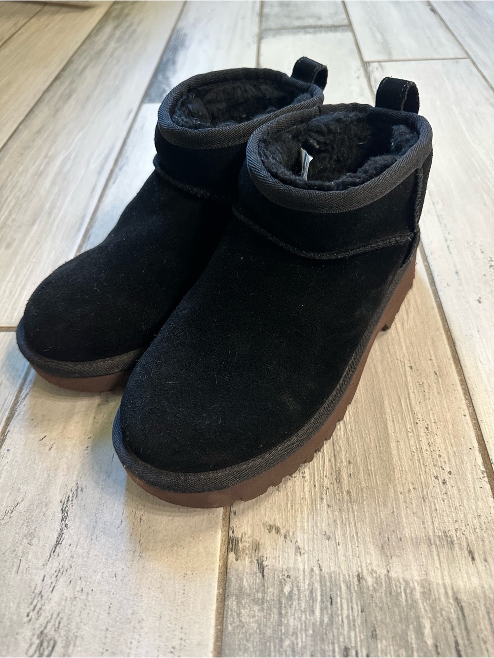 UGG Kids Black Suede Ankle Boots with Brown Sole